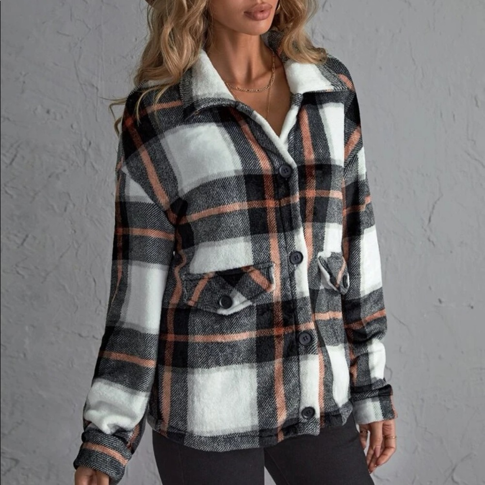 Cozy White Black Plaid Boyfriend Jacket Oversized Shacket XS S M L - Picture 4 of 4